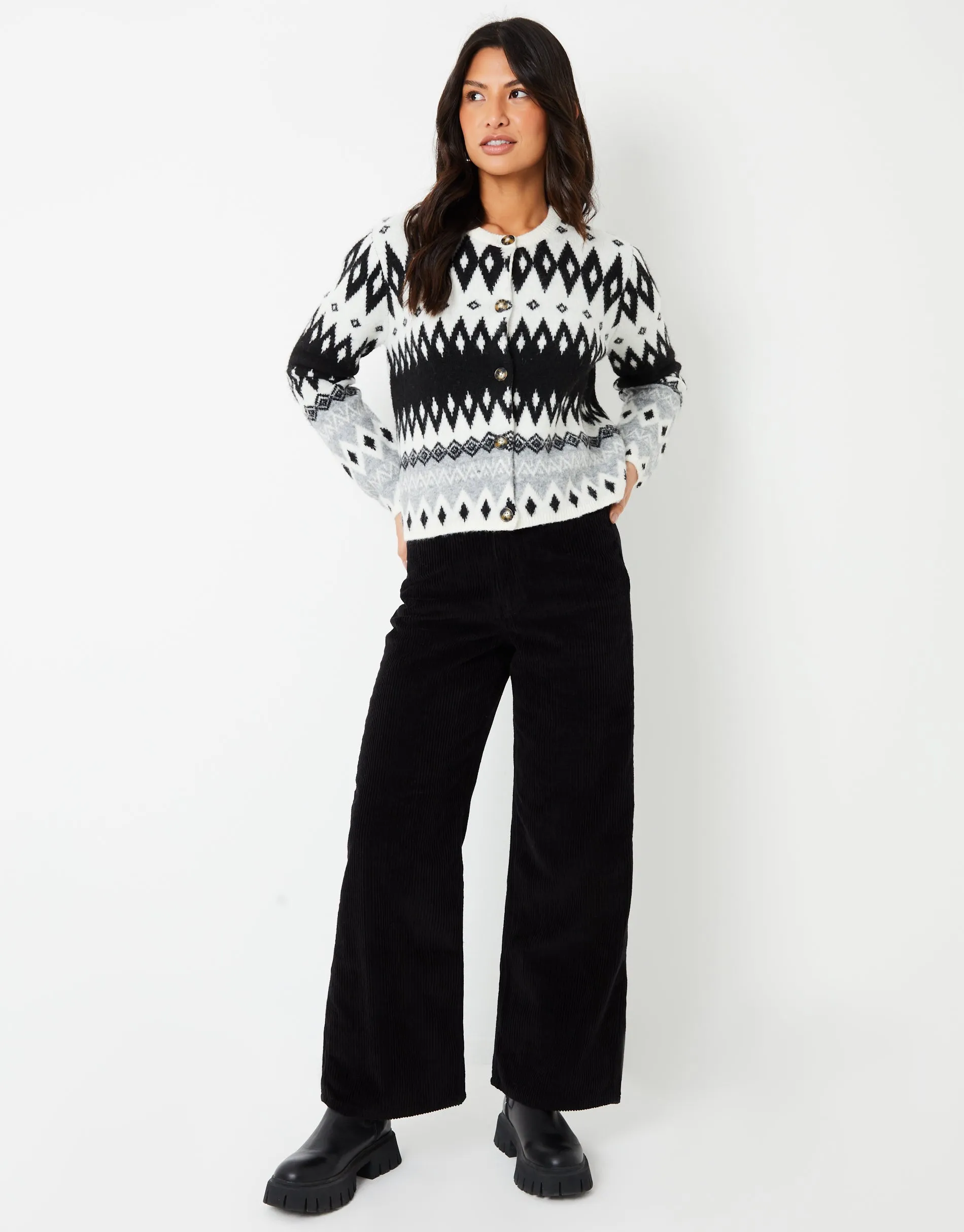 Women's Black Fairisle Knitted Button Up Cardigan