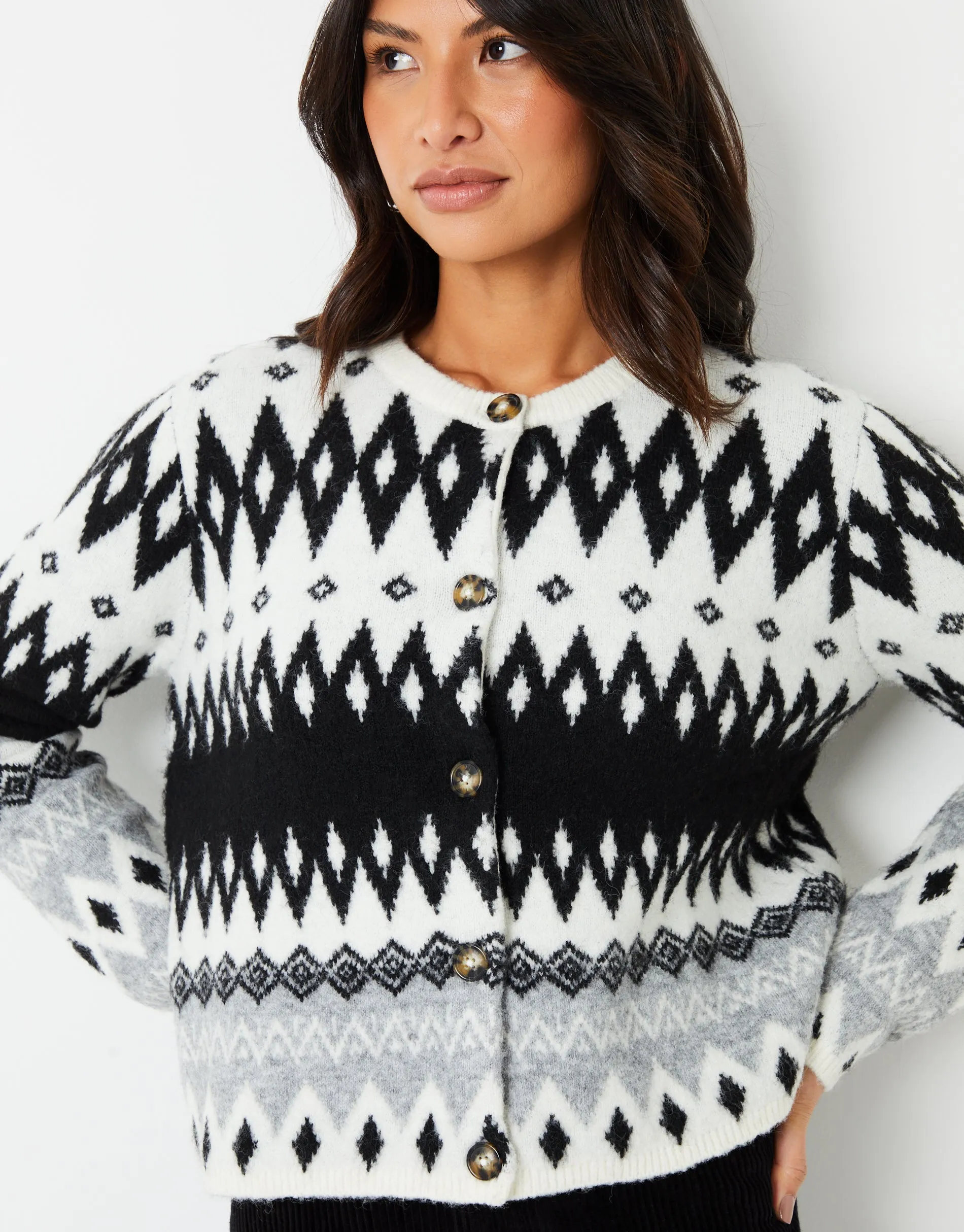 Women's Black Fairisle Knitted Button Up Cardigan