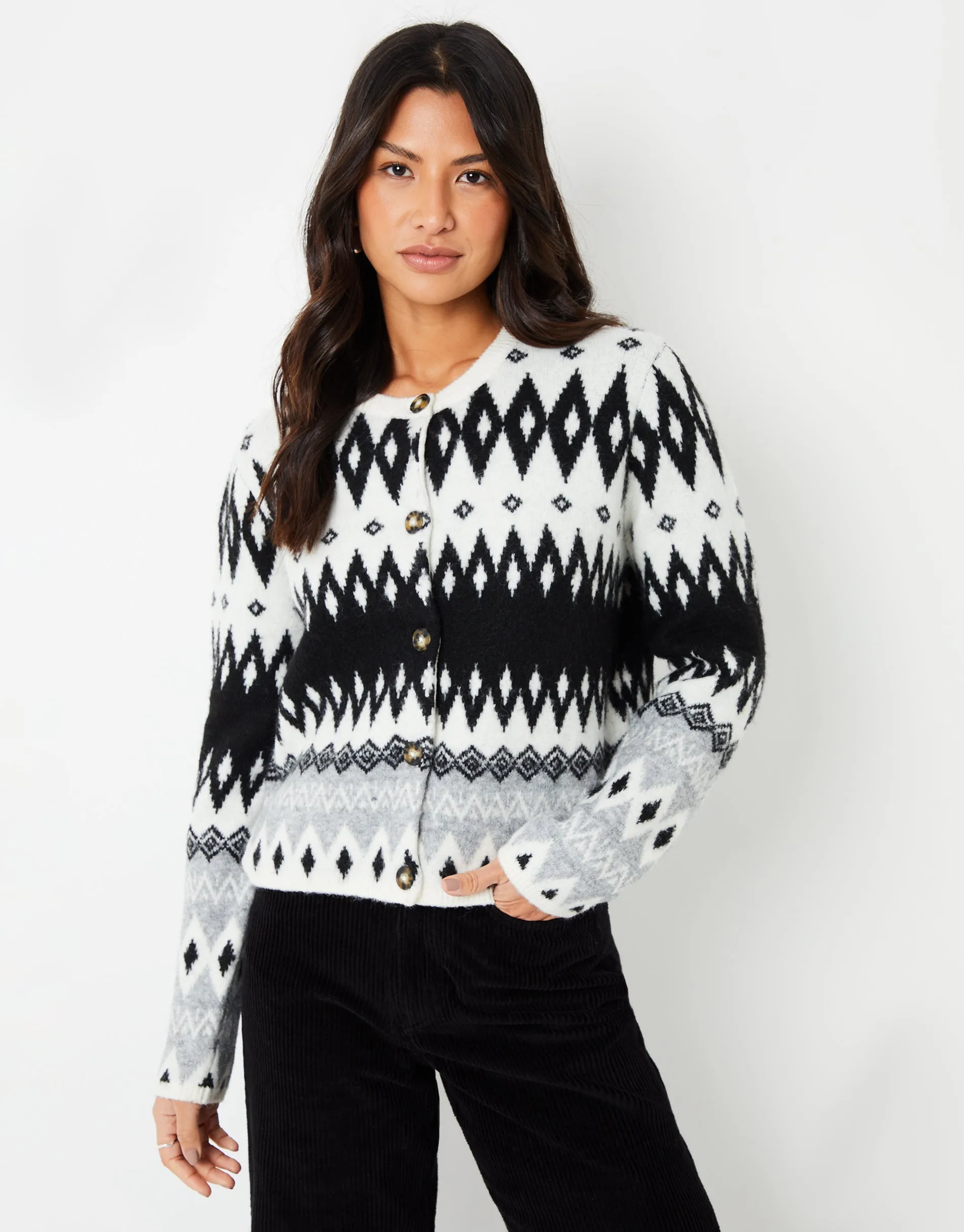 Women's Black Fairisle Knitted Button Up Cardigan
