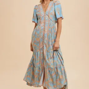 Women's Border Floral Button Front Midi Dress in Dusty Blue
