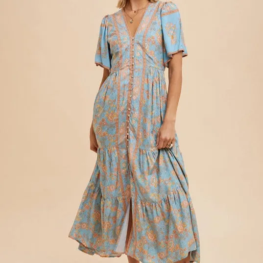 Women's Border Floral Button Front Midi Dress in Dusty Blue