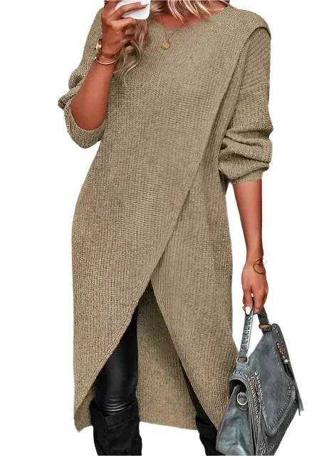 Women's Long Knitted Sweater - Cozy Gray and Khaki Maxi Pullovers for Autumn & Winter