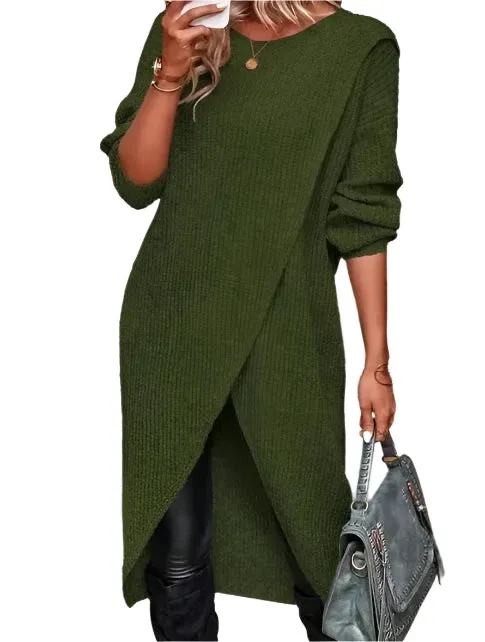 Women's Long Knitted Sweater - Cozy Gray and Khaki Maxi Pullovers for Autumn & Winter