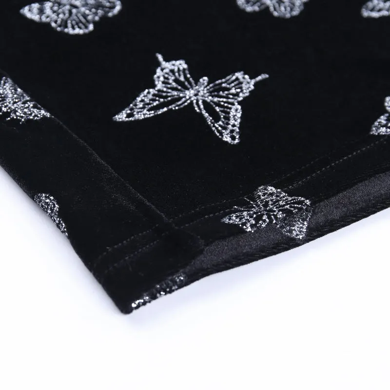 Women's Velvet Bodycon Split Mini Dress With Butterfly Print