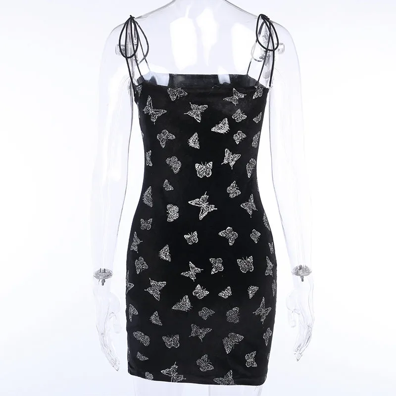 Women's Velvet Bodycon Split Mini Dress With Butterfly Print