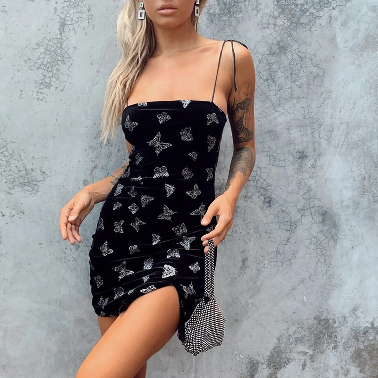 Women's Velvet Bodycon Split Mini Dress With Butterfly Print