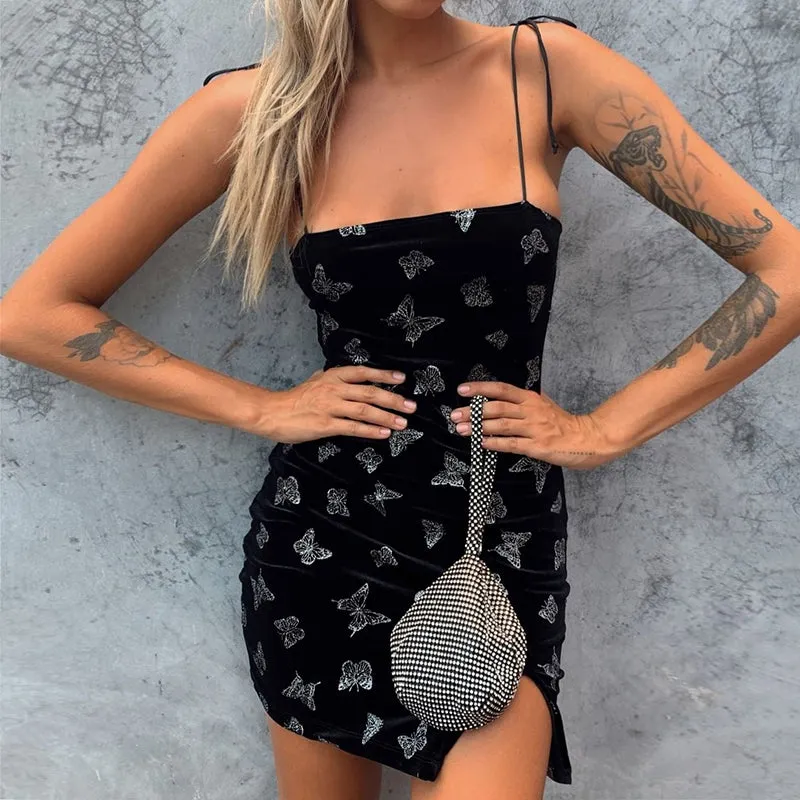 Women's Velvet Bodycon Split Mini Dress With Butterfly Print