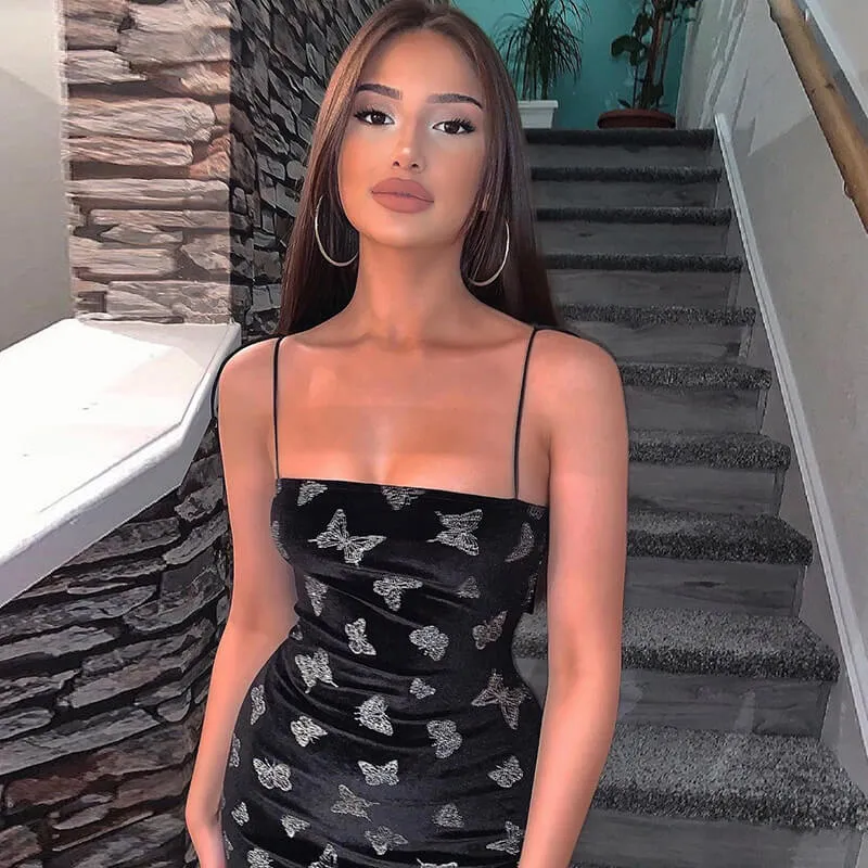 Women's Velvet Bodycon Split Mini Dress With Butterfly Print
