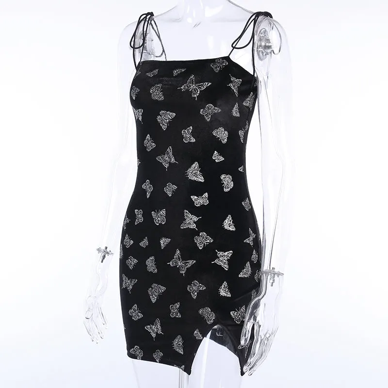 Women's Velvet Bodycon Split Mini Dress With Butterfly Print
