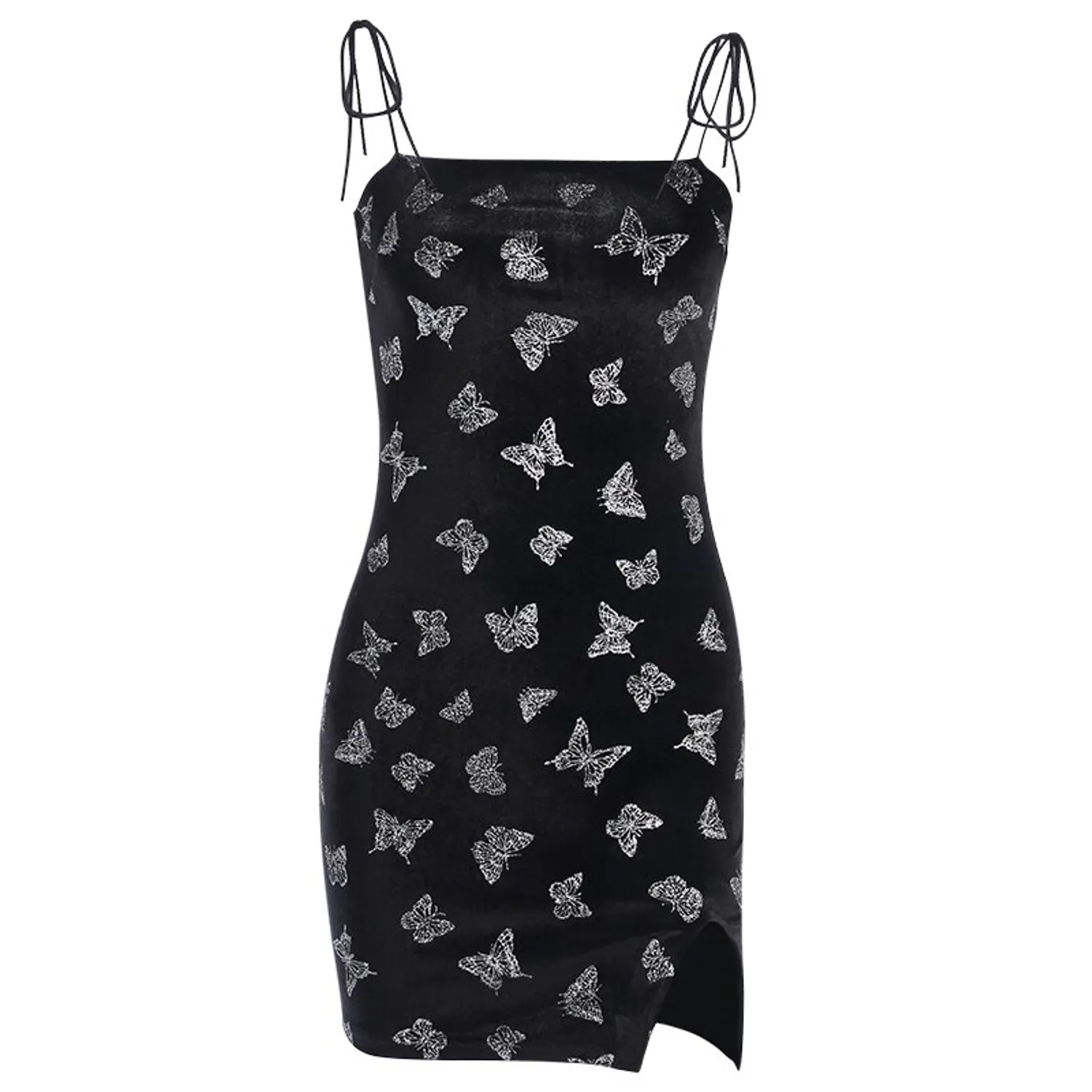 Women's Velvet Bodycon Split Mini Dress With Butterfly Print
