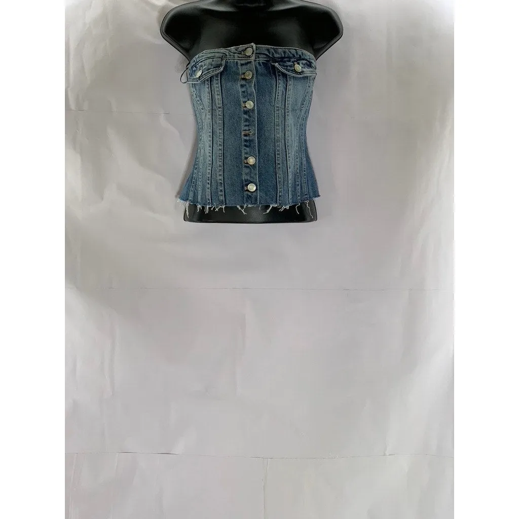 ZARA Women's Denim Strapless Button-Up Smocked-Back Distressed Corset Top SZ S