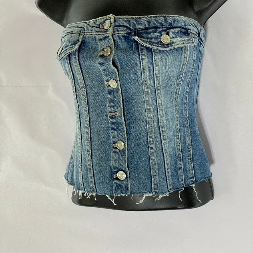 ZARA Women's Denim Strapless Button-Up Smocked-Back Distressed Corset Top SZ S