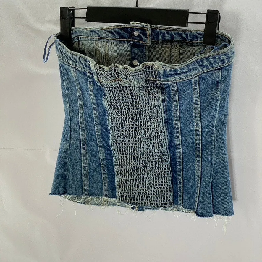 ZARA Women's Denim Strapless Button-Up Smocked-Back Distressed Corset Top SZ S