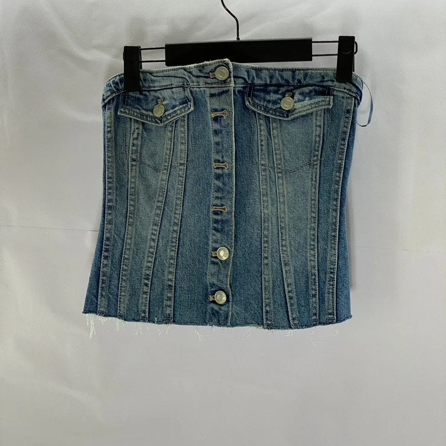 ZARA Women's Denim Strapless Button-Up Smocked-Back Distressed Corset Top SZ S