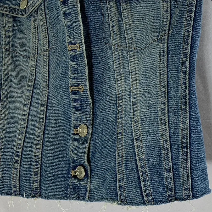 ZARA Women's Denim Strapless Button-Up Smocked-Back Distressed Corset Top SZ S