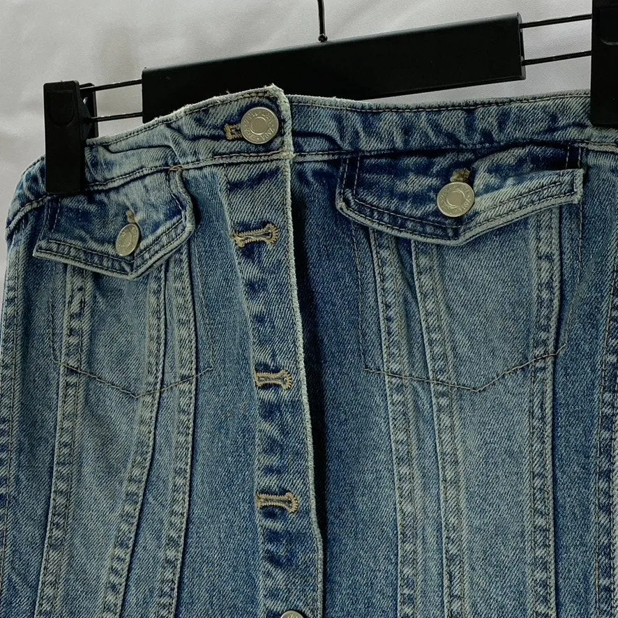 ZARA Women's Denim Strapless Button-Up Smocked-Back Distressed Corset Top SZ S