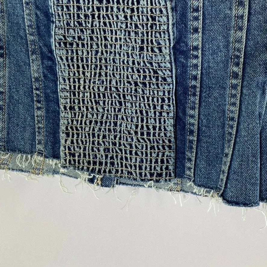 ZARA Women's Denim Strapless Button-Up Smocked-Back Distressed Corset Top SZ S