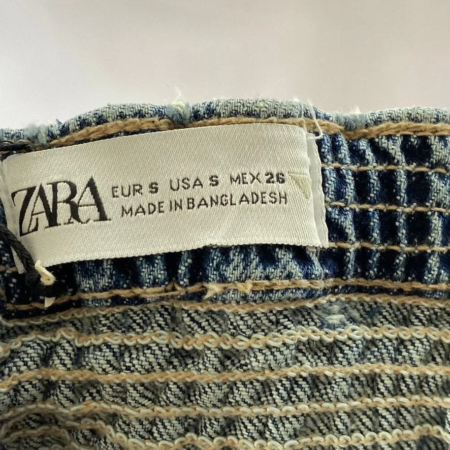 ZARA Women's Denim Strapless Button-Up Smocked-Back Distressed Corset Top SZ S