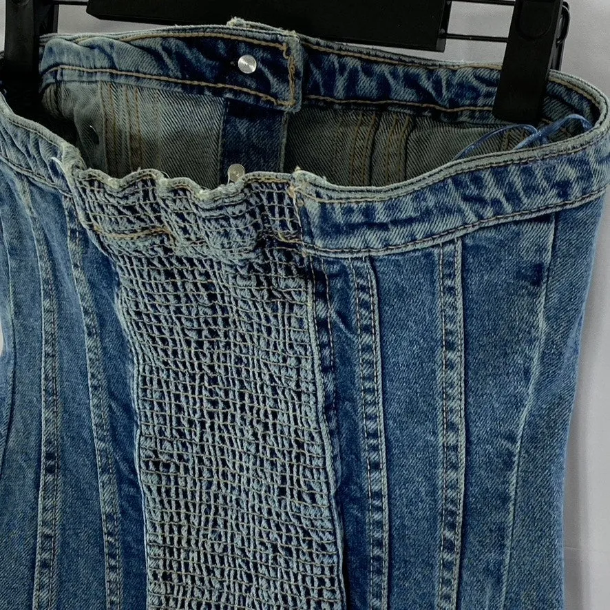 ZARA Women's Denim Strapless Button-Up Smocked-Back Distressed Corset Top SZ S