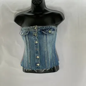 ZARA Women's Denim Strapless Button-Up Smocked-Back Distressed Corset Top SZ S